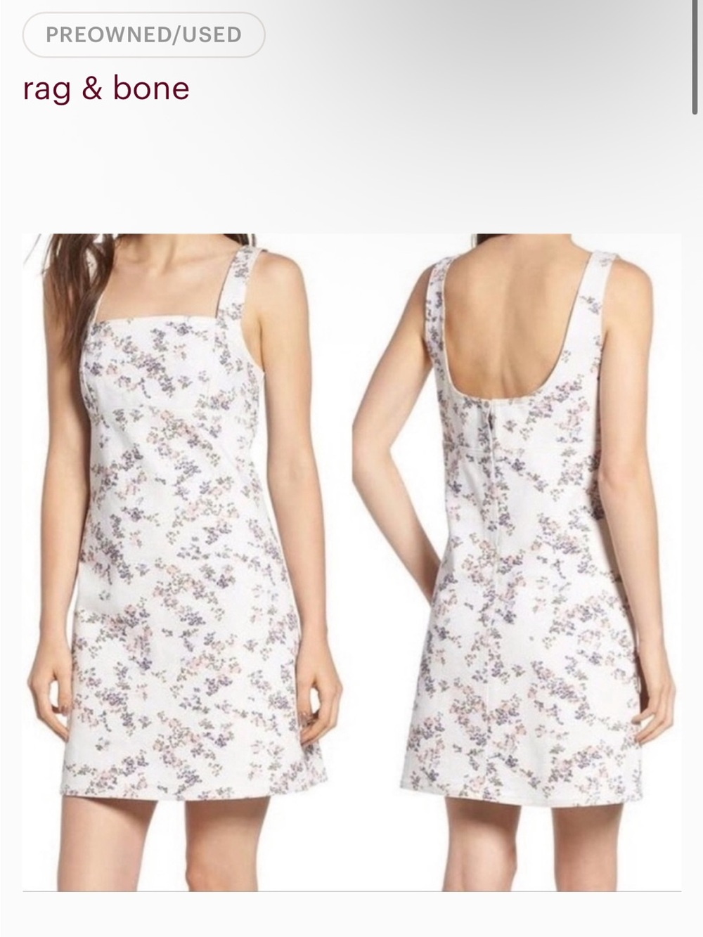 rag & bone White Floral Square-Neck Mini Dress with Pink & Lavender Print sz L